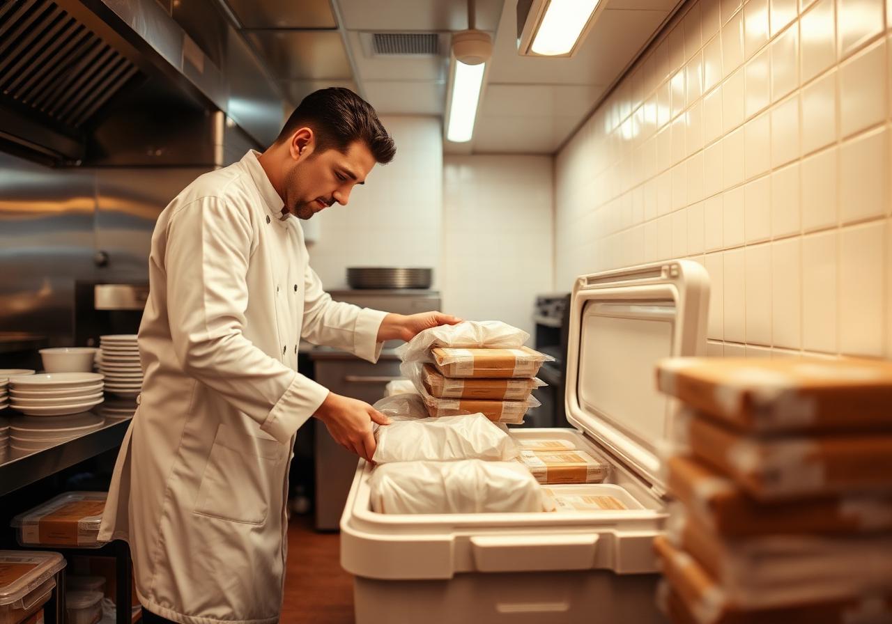 A chef packing food for donation pickup