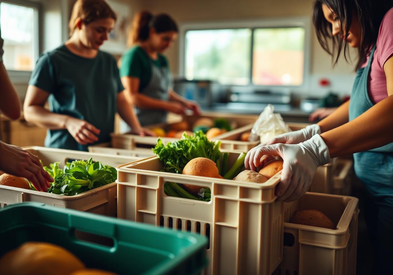 Volunteers packing produce